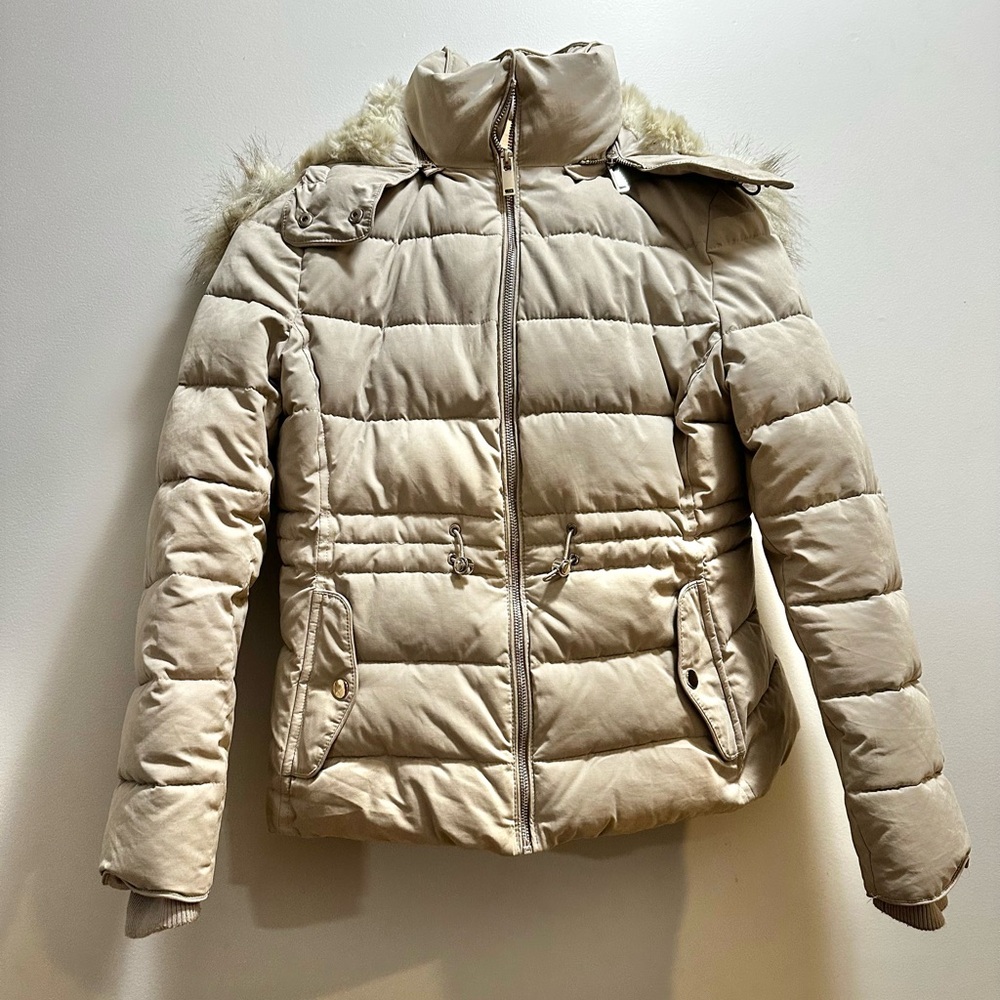 Zara Woman's L Hooded Puffer Jacket Coat Faux Fur Hood Lining Beige Cream Ecrue